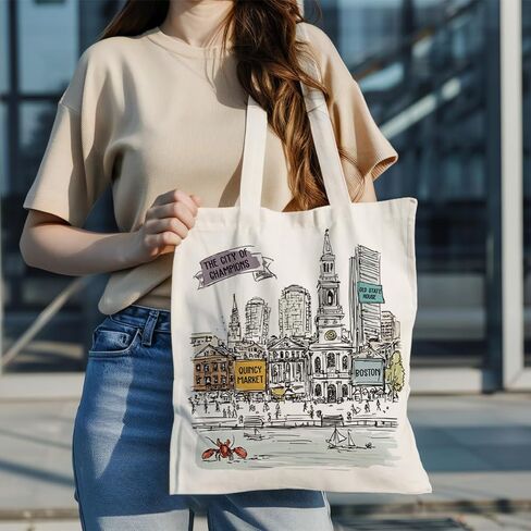 Boston City Art Canvas Tote Bags, City Themed Artwork Handbag, Vintage City's Landmark Artwork Design Reusable Shopping Bag, Shoulder Tote for Daily Use and Work, Travel Souvenirs and Gifts in Saudi Arabia