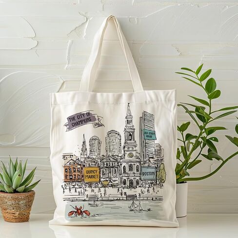 Boston City Art Canvas Tote Bags, City Themed Artwork Handbag, Vintage City's Landmark Artwork Design Reusable Shopping Bag, Shoulder Tote for Daily Use and Work, Travel Souvenirs and Gifts in Saudi Arabia