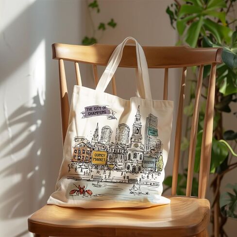 Boston City Art Canvas Tote Bags, City Themed Artwork Handbag, Vintage City's Landmark Artwork Design Reusable Shopping Bag, Shoulder Tote for Daily Use and Work, Travel Souvenirs and Gifts in Saudi Arabia