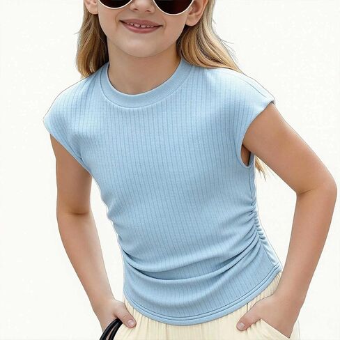 Girls Sleeveless Ribbed Top Round Neck Fitted Stretch Shirt Spring Summer Casual School Travel Outfit Slim Girls Top in Saudi Arabia