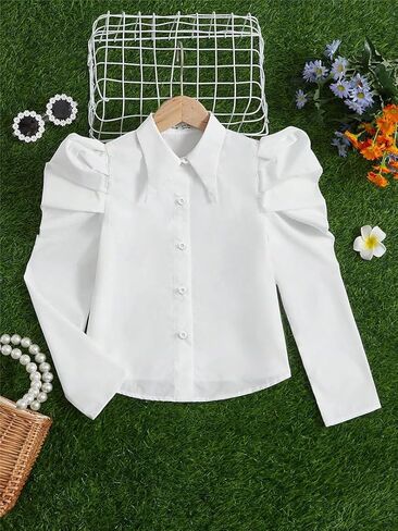 Girls Puff Long Sleeve Shirts Button Down Blouse Pointed Collar Shirt Classic Casual Tops for Girl 4-7Y in Saudi Arabia