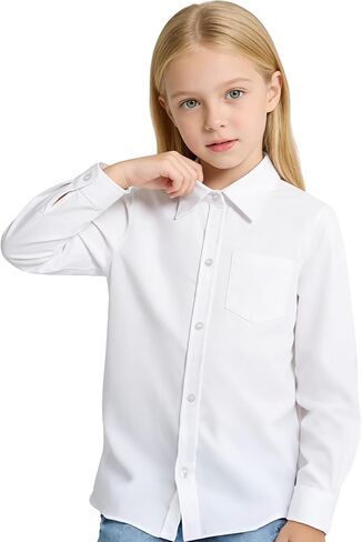 Lolanta Girls Long Sleeve Button Down Shirts Kids Stretch Stain Risistant School Uniform Dress Shirt with One Pocket in Saudi Arabia
