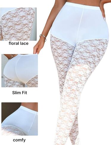 Women's Plus Size Lace Leggings Sheer Floral High Waisted Stretchy Slim Fit Pants Fishnet Tights for Casual & Dressy Outfits in Saudi Arabia