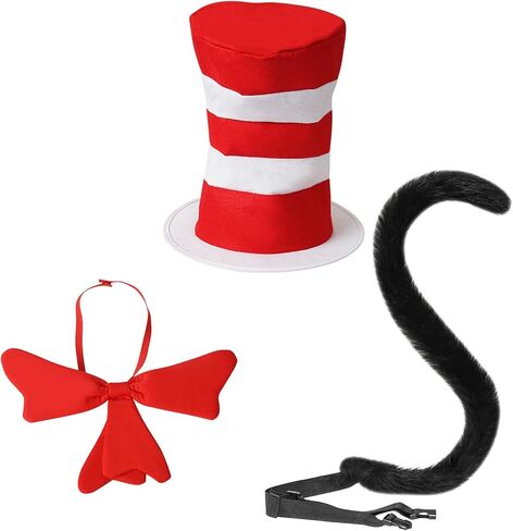 Classic Storybook Cat Costume Accessories Set - 3Pcs Including Tall Striped Top Hat, Big Red Bow Tie & Long Black Tail for Halloween, Book Week Dress Up (Fits Adults & Kids) in Saudi Arabia
