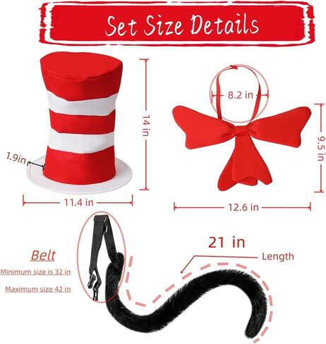 Classic Storybook Cat Costume Accessories Set - 3Pcs Including Tall Striped Top Hat, Big Red Bow Tie & Long Black Tail for Halloween, Book Week Dress Up (Fits Adults & Kids) in Saudi Arabia