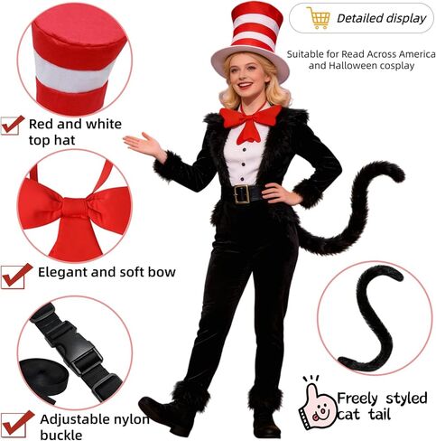 Classic Storybook Cat Costume Accessories Set - 3Pcs Including Tall Striped Top Hat, Big Red Bow Tie & Long Black Tail for Halloween, Book Week Dress Up (Fits Adults & Kids) in Saudi Arabia