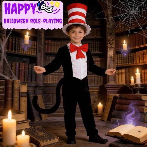 Classic Storybook Cat Costume Accessories Set - 3Pcs Including Tall Striped Top Hat, Big Red Bow Tie & Long Black Tail for Halloween, Book Week Dress Up (Fits Adults & Kids) in Saudi Arabia