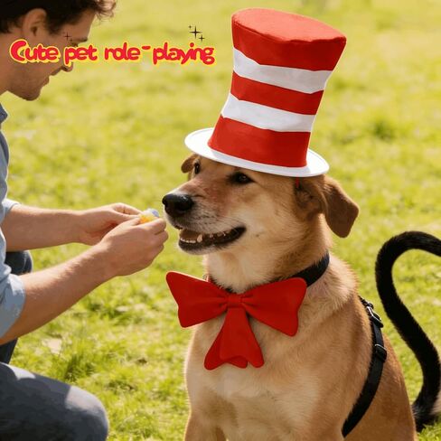 Classic Storybook Cat Costume Accessories Set - 3Pcs Including Tall Striped Top Hat, Big Red Bow Tie & Long Black Tail for Halloween, Book Week Dress Up (Fits Adults & Kids) in Saudi Arabia