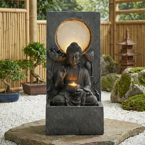 Zen Fengshui 28" Outdoor Buddha Water Fountain with LED Lights – Freestanding Resin Waterfall Statue, Asian Fengshui Decor for Garden, Patio, Backyard & Home, Relaxing Gift. in Saudi Arabia