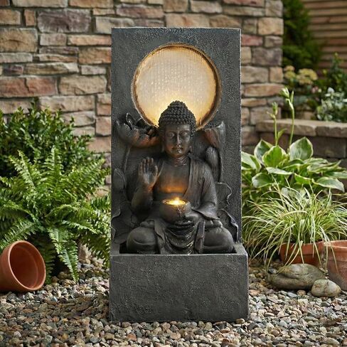 Zen Fengshui 28" Outdoor Buddha Water Fountain with LED Lights – Freestanding Resin Waterfall Statue, Asian Fengshui Decor for Garden, Patio, Backyard & Home, Relaxing Gift. in Saudi Arabia