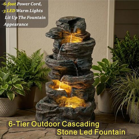 Amiva 6-Tier Outdoor Water Fountain with 3 LED Lights - 47" Large Cascading Stones Waterfall, Freestanding Rock Fountain for Garden, Patio, Yard & Deck Décor. in Saudi Arabia