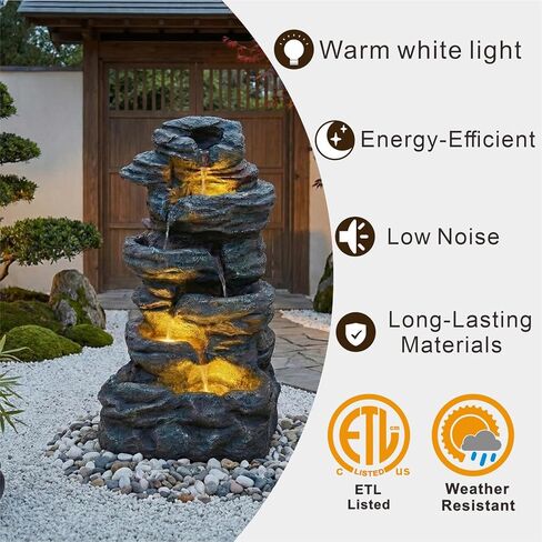 Amiva 6-Tier Outdoor Water Fountain with 3 LED Lights - 47" Large Cascading Stones Waterfall, Freestanding Rock Fountain for Garden, Patio, Yard & Deck Décor. in Saudi Arabia