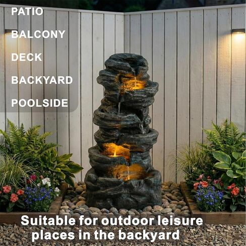 Amiva 6-Tier Outdoor Water Fountain with 3 LED Lights - 47" Large Cascading Stones Waterfall, Freestanding Rock Fountain for Garden, Patio, Yard & Deck Décor. in Saudi Arabia