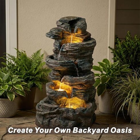 Amiva 6-Tier Outdoor Water Fountain with 3 LED Lights - 47" Large Cascading Stones Waterfall, Freestanding Rock Fountain for Garden, Patio, Yard & Deck Décor. in Saudi Arabia