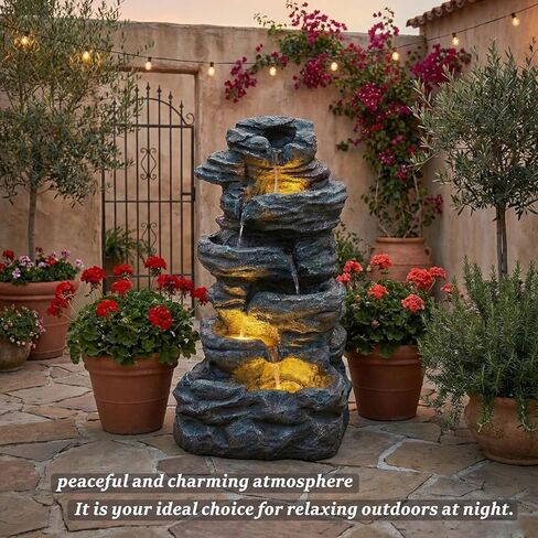 Amiva 6-Tier Outdoor Water Fountain with 3 LED Lights - 47" Large Cascading Stones Waterfall, Freestanding Rock Fountain for Garden, Patio, Yard & Deck Décor. in Saudi Arabia