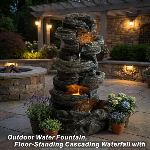Amiva 6-Tier Outdoor Water Fountain with 3 LED Lights - 47" Large Cascading Stones Waterfall, Freestanding Rock Fountain for Garden, Patio, Yard & Deck Décor. in Saudi Arabia