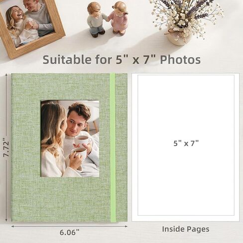ألبوم صور مقاس 5 × 7، سجل قصاصات بغطاء قماشي سهل الارتداء مع نافذة أمامية، يحمل 52 صورة (26 جيبًا)، للأطفال، وحفلات الزفاف، والسفر، باللون الأخضر in Kuwait