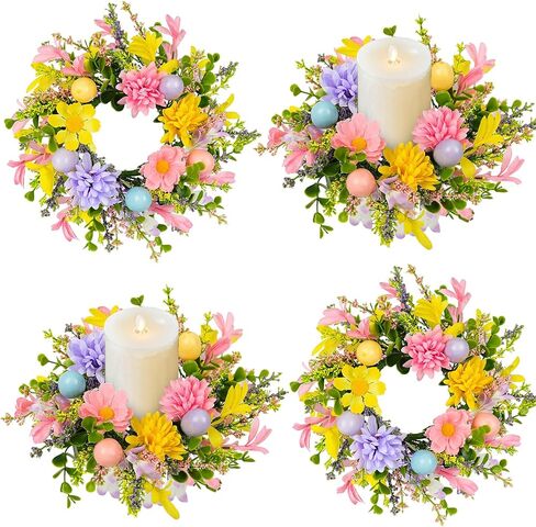 4 قطع من حلقات شموع عيد الفصح، إكليل حامل شموع صغير مع زهور الربيع وديكور البيض لقطعة الطاولة المركزية، والباب الأمامي، وأكاليل عيد الفصح لديكور المنزل في العطلات in Kuwait