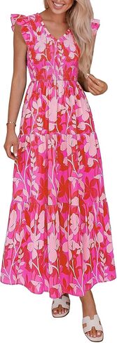 PRETTYGARDEN Women's Boho Floral Maxi Dress 2026 Summer Smocked V Neck Ruffle Sleeve Spring Flowy Beach Vacation Sundresses in Saudi Arabia