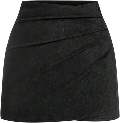 Verdusa Women's Plus Size Vintage Faux Suede Ruched Wrap Skirt Bodycon Mini Skirts Streetwear in Saudi Arabia