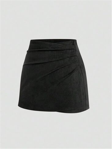 Verdusa Women's Plus Size Vintage Faux Suede Ruched Wrap Skirt Bodycon Mini Skirts Streetwear in Saudi Arabia