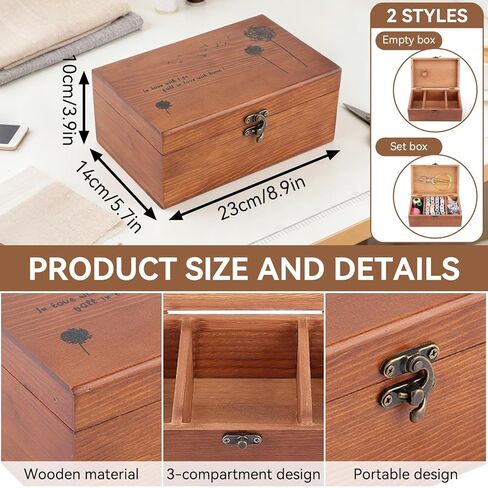Wooden Sewing Box with Compartments, Vintage Sewing Case Wooden Sewing Basket for Sewing Tools Accessories (Empty Sewing Box) in Kuwait