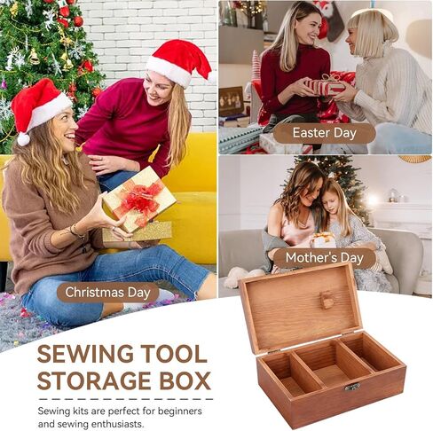 Wooden Sewing Box with Compartments, Vintage Sewing Case Wooden Sewing Basket for Sewing Tools Accessories (Empty Sewing Box) in Kuwait