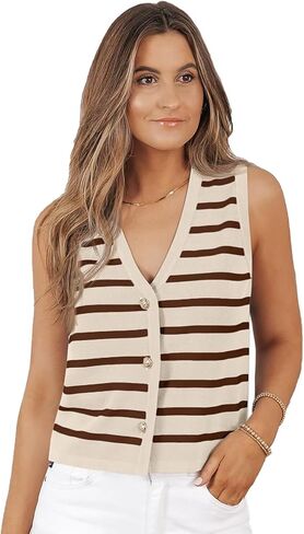 Women Knit Striped Sweater Tank Tops Casual Slim Fitted Sleeveless V Neck Button Down Vest Tops Summer Fall Outfits in Saudi Arabia