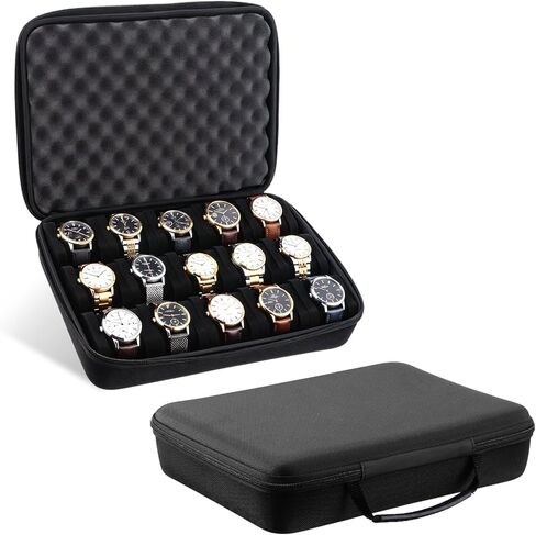 Watch Storage Case, 15 Slot Hard Travel Wristwatches Box with Soft Protective Pillows, Black Organizer Display Holder for Men Women, Fits up to 60mm in Saudi Arabia