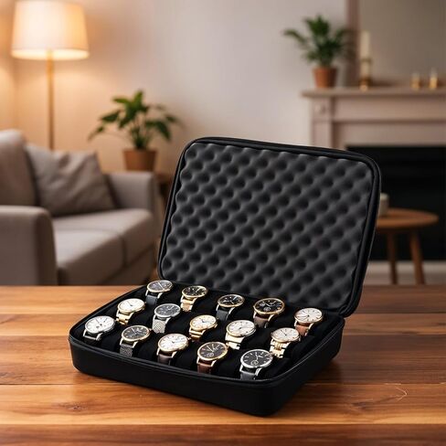 Watch Storage Case, 15 Slot Hard Travel Wristwatches Box with Soft Protective Pillows, Black Organizer Display Holder for Men Women, Fits up to 60mm in Saudi Arabia