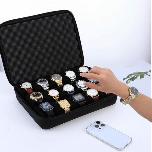 Watch Storage Case, 15 Slot Hard Travel Wristwatches Box with Soft Protective Pillows, Black Organizer Display Holder for Men Women, Fits up to 60mm in Saudi Arabia