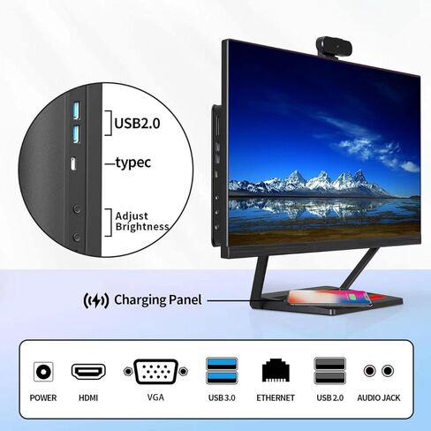 Desktop Computer 23.8inch All in One PC with Intel Core i7-4785t 16GB RAM 512GB SSD, 360°Adjustable Webcam, Charging Panel, Supporting Dual-Band WiFi, Bluetooth 4.2,Black in Kuwait