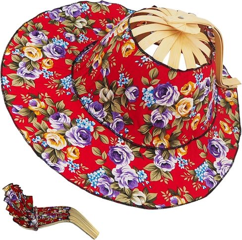 قبعة مروحة للنساء 2 في 1 للحماية من الأشعة فوق البنفسجية، قبعة من الخيزران قابلة للطي، مروحة خيزران زهرية، قبعة شمس صيفية محمولة للسفر على الشاطئ في الهواء الطلق، زهور حمراء كبيرة، in Kuwait