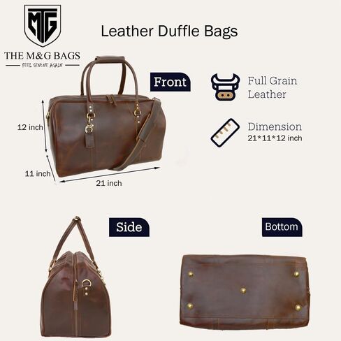 THE M&G BAGS Leather Travel Duffel Bag for Men & Women, Classic Retro Weekend Overnight Zipper Bags with Adjustable Shoulder Strap, Cabin Friendly Carry On Gym Sports Duffle Luggage - 22 Inch in Saudi Arabia