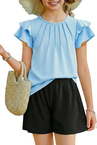 Arshiner Girls 2 Piece Outfits Summer Ruffle Sleeve Top and Paperbag Waist Shorts Set with Pockets Size 5-13 Years in Saudi Arabia