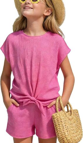 Girls Solid Color Ribbed Knit Set Short-Sleeve Shorts Loose Soft Breathable Summer Casual Party Two Piece Set 5-9 Years in Saudi Arabia