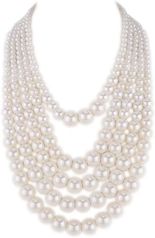 Kalse 5 طبقات حبلا مقلد اللؤلؤ حبلا قلادة قلادة بيضاء (5 فروع) in Kuwait