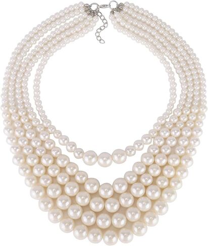 Kalse 5 طبقات حبلا مقلد اللؤلؤ حبلا قلادة قلادة بيضاء (5 فروع) in Kuwait