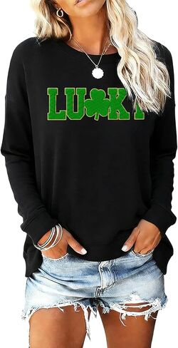 St Patricks Day Sweatshirts for Women Irish Lucky Clover T-Shirts Embroidered St Pattys Sweater Long Sleeve in Saudi Arabia