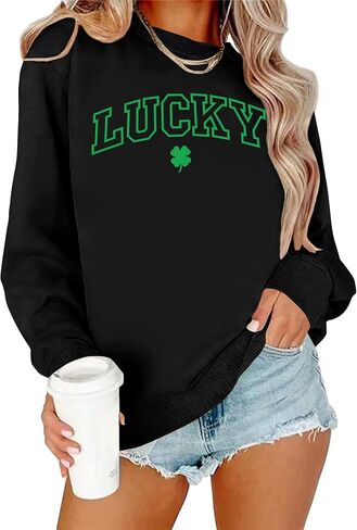 سويت شيرت نسائي من St Patrick Day، سويت شيرت Clover Lucky، بلوفر مطبوع عليه نبات النفل الأيرلندي، ملابس علوية كاجوال بأكمام طويلة in Saudi Arabia