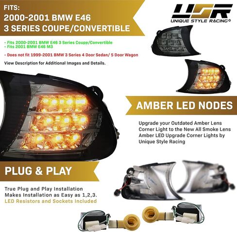 USR DEPO 00-01 E46 2D LED Corner Light - Full Amber LED Clip-On Turn Signal Lamp (Left + Right) Compatible with 2000-2001 BMW E46 Coupe Cabrio 325ci 330ci and 2001 E46 M3 (Smoke Lens, Plug and Play) in Saudi Arabia