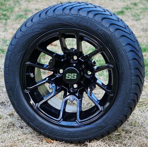 12" LIZARD Black Aluminum Golf Cart Wheels and 215/40-12 Low Profile DOT Golf Cart Tires Combo - Set of 4 in Kuwait