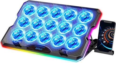 وسادة تبريد للكمبيوتر المحمول، مبرد كمبيوتر محمول للألعاب مع 5 مراوح هادئة وإضاءة RGB ملونة (نقرة واحدة)، وسادة تبريد لمروحة الكمبيوتر المحمول تناسب كمبيوتر محمول مقاس 12-17 بوصة، مزود بمنفذ USB، 7 ارتفاعات قابلة للتعديل in Kuwait
