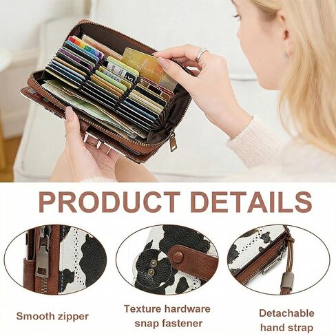 محفظة للنساء RFID حجب الجلود مخلب محفظة طويلة سعة كبيرة حامل بطاقة الائتمان السوار (طباعة البقرة) in Saudi Arabia