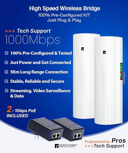 Wireless Bridge Point to Point Outdoor WiFi, Wireless Network Expansion Kit, Long Range High Speed 5G | 2 Units Bridge Kit Complete Pre-Configured - P2P 1000Mbps 5Km(2Pack) in Kuwait