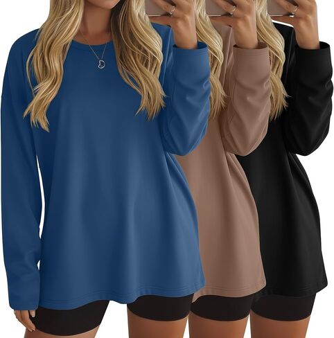 Ficerd 3 Pack Women's Oversized Long Sleeve Shirts Cotton Gym Round Neck Tops Loose Fit Casual Workout Baggy Fall Basic Tee in Saudi Arabia