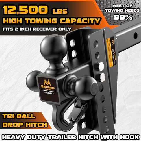 Adjustable Trailer Hitch -Drop Hitch -Tri Ball Mount with Hook (1-7/8'', 2''&2-5/16''), Fits 2-Inch Receiver, 8'' Drop/Rise 12,500 LBS GTW Tow Hitch, 3 Ball Hitches for Trucks, RV, Camper etc in Saudi Arabia