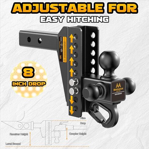 Adjustable Trailer Hitch -Drop Hitch -Tri Ball Mount with Hook (1-7/8'', 2''&2-5/16''), Fits 2-Inch Receiver, 8'' Drop/Rise 12,500 LBS GTW Tow Hitch, 3 Ball Hitches for Trucks, RV, Camper etc in Saudi Arabia