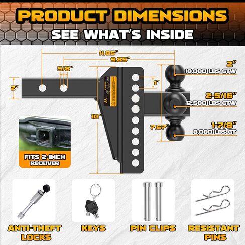 Adjustable Trailer Hitch -Drop Hitch -Tri Ball Mount with Hook (1-7/8'', 2''&2-5/16''), Fits 2-Inch Receiver, 8'' Drop/Rise 12,500 LBS GTW Tow Hitch, 3 Ball Hitches for Trucks, RV, Camper etc in Saudi Arabia