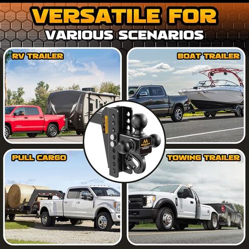 Adjustable Trailer Hitch -Drop Hitch -Tri Ball Mount with Hook (1-7/8'', 2''&2-5/16''), Fits 2-Inch Receiver, 8'' Drop/Rise 12,500 LBS GTW Tow Hitch, 3 Ball Hitches for Trucks, RV, Camper etc in Saudi Arabia